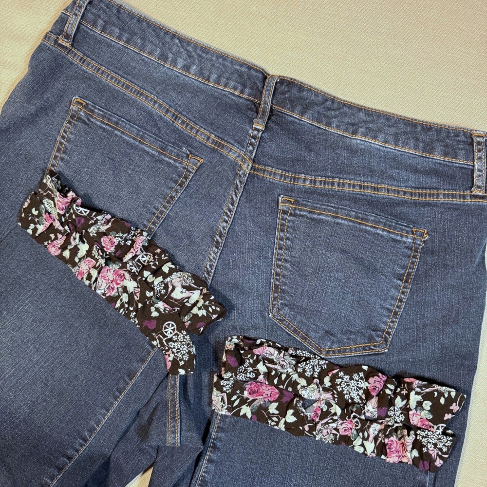 Nine West Slim‎ Boyfriend Jeans 18W Indigo Floral Ruffle Hem Dark Wash Denim